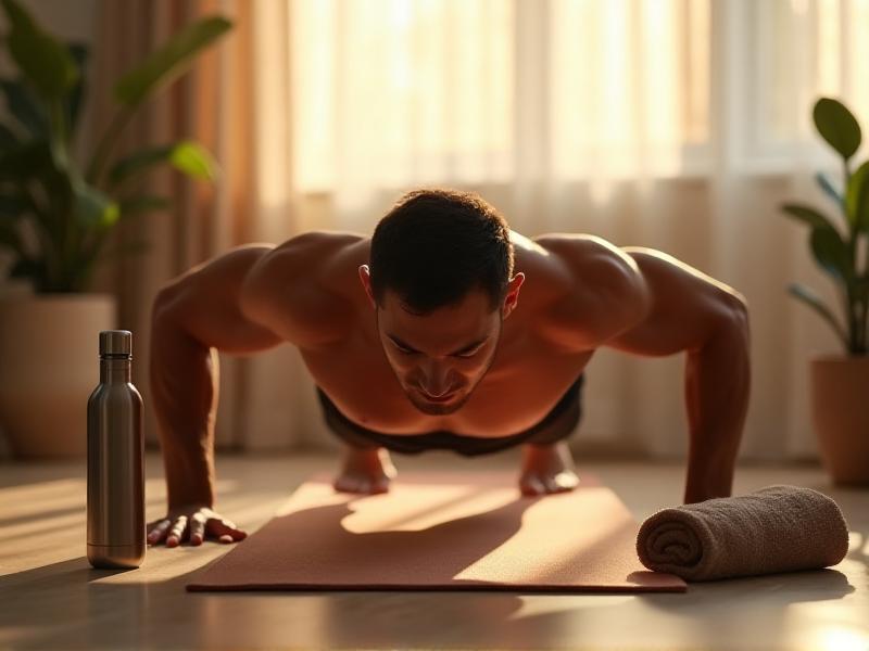 A person performing push-ups on a yoga mat in a well-lit room, showcasing strong arm muscles and a determined expression, with a water bottle and towel nearby, emphasizing a home workout environment.