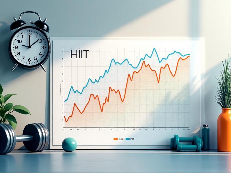 An infographic illustrating the science behind HIIT, showing a graph of heart rate spikes during high-intensity intervals and recovery periods. The background features a gym setting with a clock, dumbbells, and a water bottle, emphasizing the efficiency of HIIT workouts.