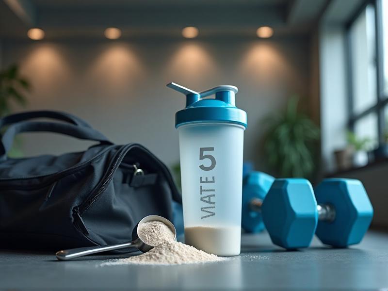 A detailed image of creatine monohydrate powder being scooped into a shaker bottle, with a gym bag and dumbbells in the background. The scene is set in a modern home gym, highlighting the convenience of supplement use for home fitness enthusiasts.