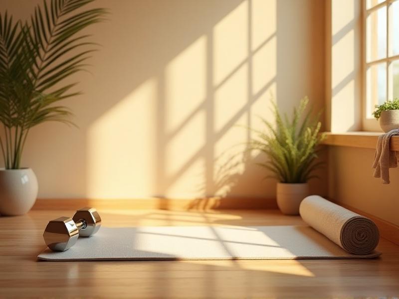 A minimalist home workout corner featuring a yoga mat, a set of dumbbells, a resistance band, and a small shelf with a water bottle and towel. The space is well-lit with natural light and has a calming, motivational vibe.