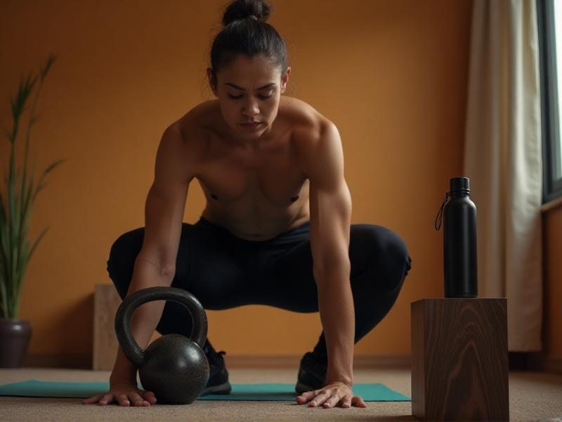 A person performing a weighted squat at home with a kettlebell, showing determination and focus. The background includes a simple home gym setup with a yoga mat and water bottle, emphasizing the concept of progressive overload.