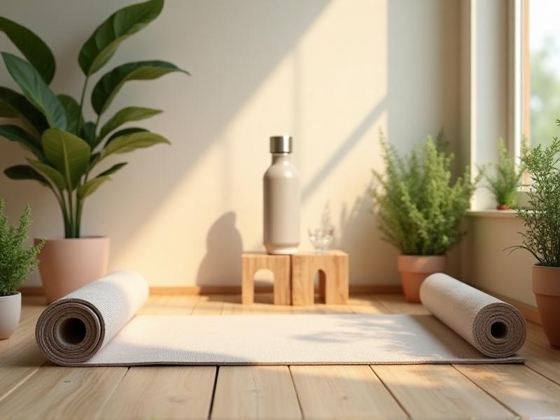 A minimalist home fitness corner with a yoga mat, dumbbells, and a water bottle on a wooden floor, surrounded by potted plants and soft natural light, creating a tranquil and motivating atmosphere.