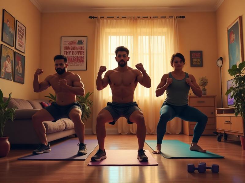 A diverse group of professionals performing various full-body exercises at home, including squats, push-ups, and planks, showcasing the versatility and inclusivity of home workouts.