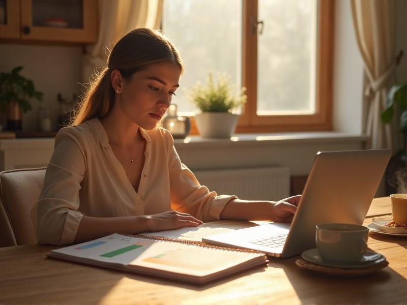 A working parent sitting at a kitchen table with a laptop, a planner, and a cup of coffee. The planner is open to a page with a detailed schedule, including time blocks for work, family, and fitness. The scene is warm and organized, emphasizing the importance of planning and balance.