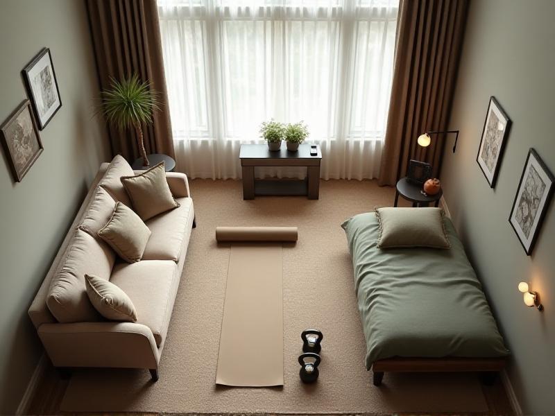 A cozy living room with a sectional sofa pushed to one side, making space for a compact workout area with a yoga mat, kettlebells, and a foam roller, showcasing how to maximize space effectively.