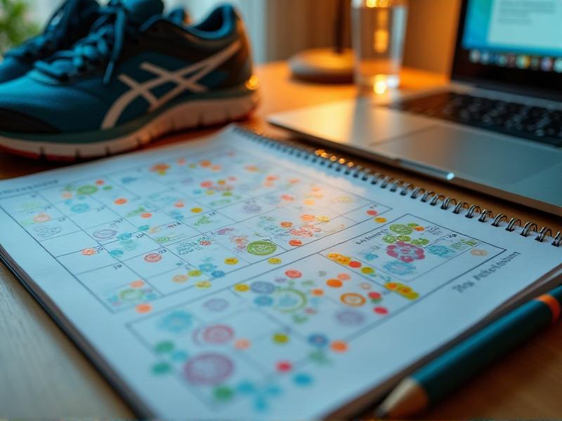 A close-up of a workout calendar with colorful stickers marking completed sessions, placed on a wooden desk next to a water bottle and a pair of running shoes. The image conveys a sense of accomplishment and organization.