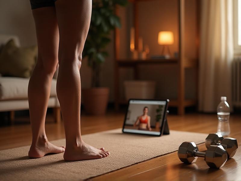 A person following a workout routine on a tablet placed on a yoga mat, with dumbbells and a water bottle nearby, in a cozy home setting with warm lighting.