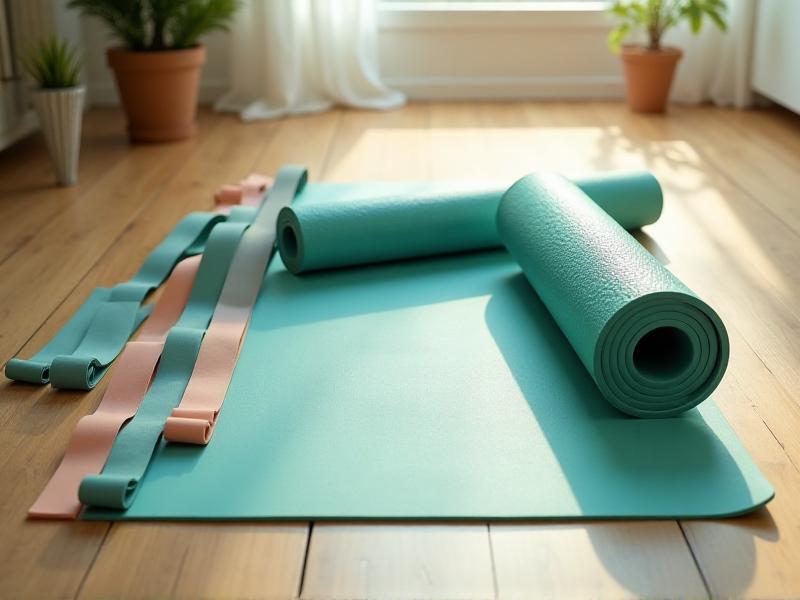 A neatly arranged collection of home rehabilitation tools, including resistance bands, foam rollers, and a yoga mat, on a wooden floor with soft natural lighting, creating an inviting and organized atmosphere.