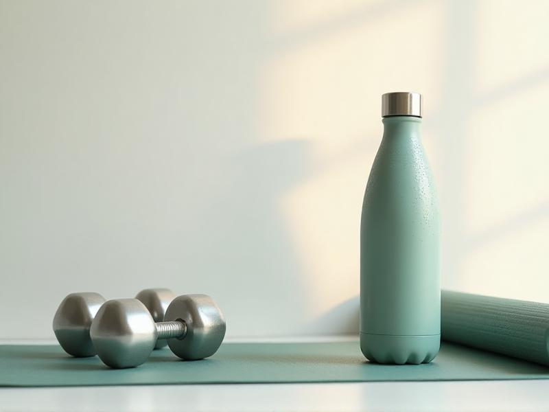 A sleek water bottle with condensation droplets on the surface, placed next to a yoga mat and dumbbells, emphasizing the importance of hydration in home fitness routines.