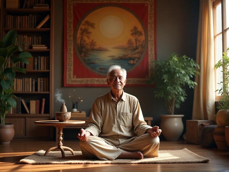 An elderly man sitting cross-legged on a soft mat, practicing meditation in a cozy living room. He has a calm expression, and the room is decorated with warm, earthy tones. Soft natural light filters through the curtains, creating a peaceful ambiance.