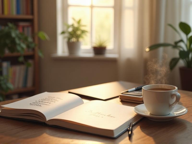 A notebook open on a table, with a pen and a cup of coffee beside it. The page shows a list of fitness goals written in neat handwriting. The setting is a cozy home office with soft natural light, symbolizing planning and determination.