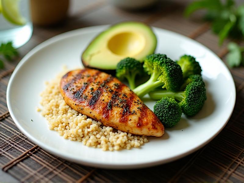 A balanced plate with grilled chicken, quinoa, steamed broccoli, and avocado slices, showcasing a perfect mix of proteins, carbs, and healthy fats for fitness enthusiasts.