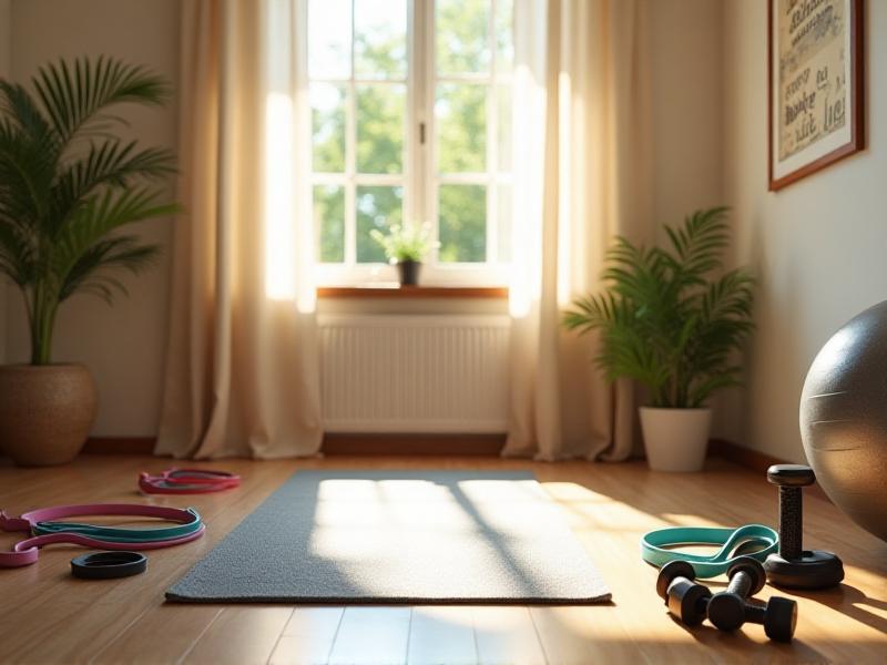 A neatly organized home workout area featuring a yoga mat, resistance bands, light dumbbells, and a stability ball. The space is well-lit with natural light and has a motivational poster on the wall. The setup is simple yet functional, ideal for senior fitness routines.