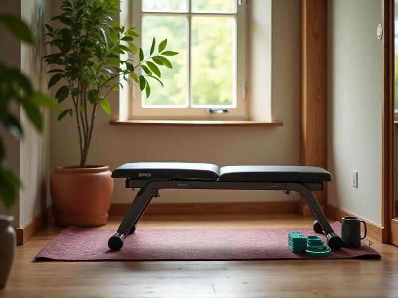 A compact home gym in a corner of a room, featuring a foldable workout bench, resistance bands, and a yoga mat, with soft natural light streaming through a nearby window.