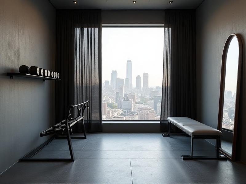 A minimalist home gym setup in a small room with rubber flooring, a wall-mounted rack for weights, and a compact bench, showcasing efficient use of space.