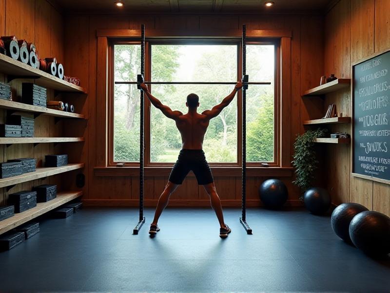 A well-organized home gym with rubber flooring, a wall-mounted pull-up bar, and shelves holding weights and equipment. The space is bright and inviting, with a motivational chalkboard on the wall.