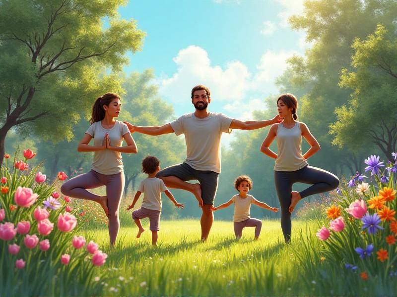 A diverse family practicing yoga in their backyard, with parents and children in various poses, surrounded by green grass and blooming flowers under a clear blue sky.