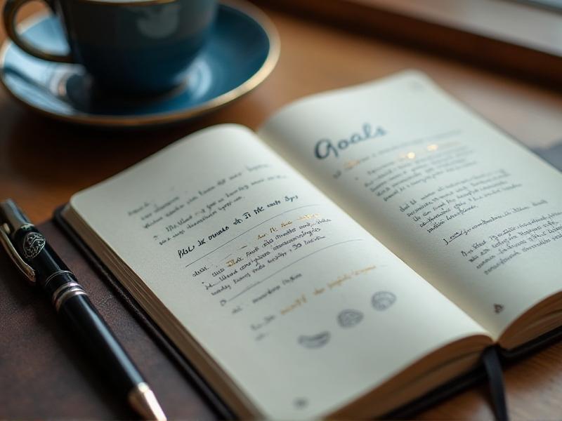 A close-up of a notebook with handwritten fitness goals, including 'run 5k in under 30 minutes' and 'do 50 push-ups.' The notebook is on a wooden desk with a pen and a cup of coffee, creating a focused and determined atmosphere.