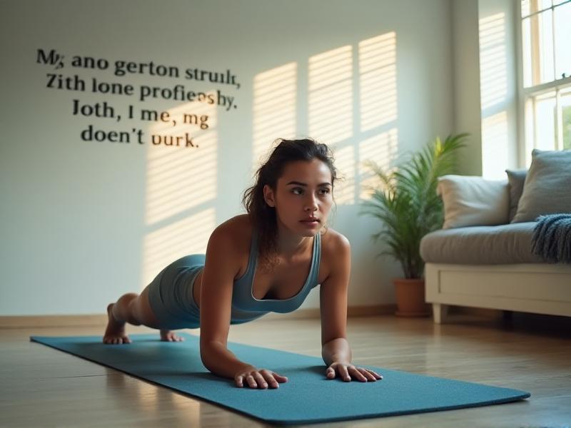 A student performing a plank on a yoga mat in a dorm room with a motivational quote on the wall. The room is well-lit, and the student’s form is perfect, showcasing determination and focus.