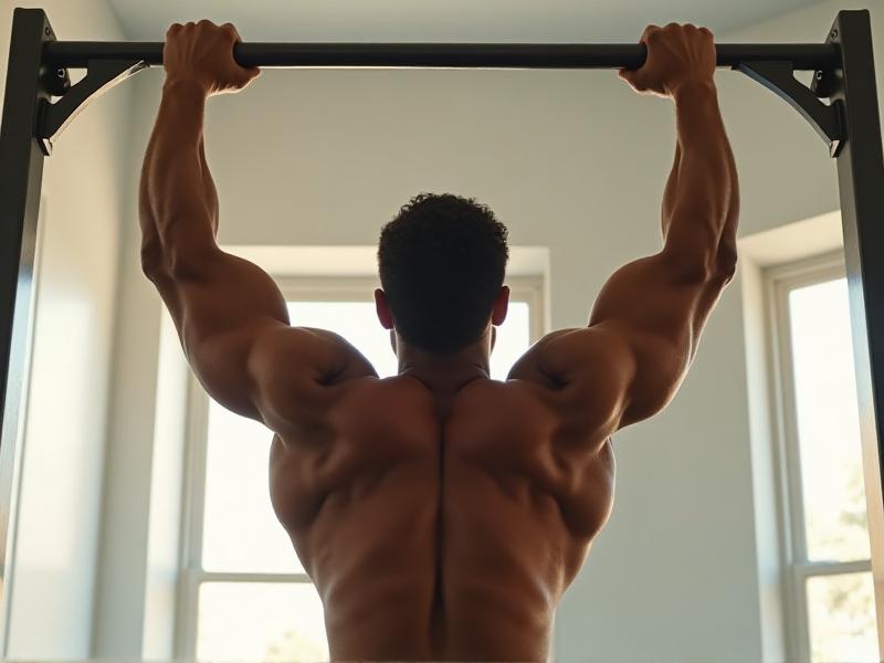 A determined athlete performing a one-arm pull-up on a sturdy pull-up bar in a home gym. The setting is modern, with white walls and rubber flooring. The athlete's muscles are prominently displayed, with a focused expression and a strong grip on the bar.