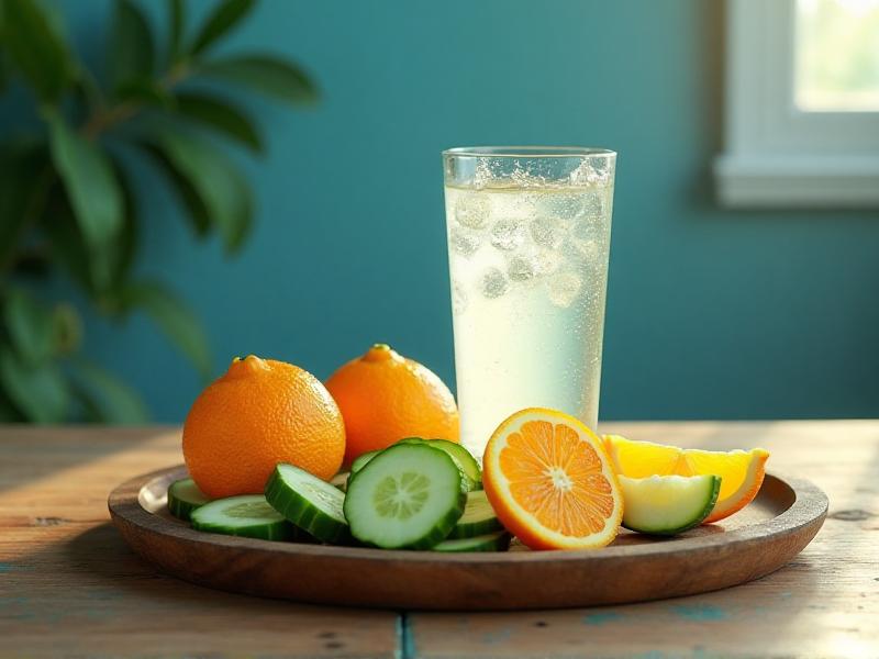 A refreshing arrangement of sliced cucumbers, oranges, and a glass of coconut water on a wooden tray with a blue background, evoking a sense of coolness and hydration.