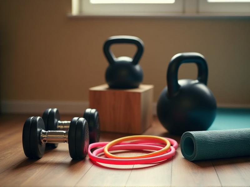 A collection of essential home workout equipment including dumbbells, resistance bands, a kettlebell, and a yoga mat neatly arranged on a wooden floor, with soft natural lighting enhancing the textures and colors.