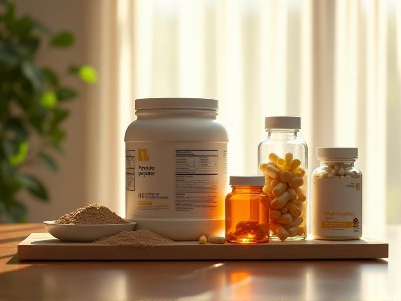 A neatly arranged collection of fitness supplements on a wooden table, including protein powder, creatine, fish oil capsules, and a multivitamin bottle. The image has a soft, natural lighting with a focus on the labels and packaging, emphasizing the role of supplements in supporting home fitness nutrition.