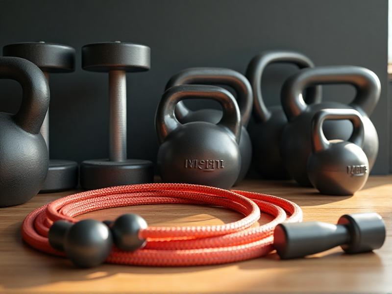 A collection of CrossFit essentials: dumbbells, kettlebells, resistance bands, and a jump rope arranged neatly on a wooden floor. The image conveys a sense of readiness and functionality.