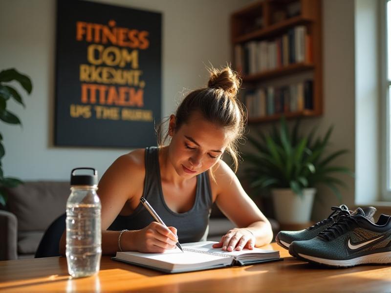 A person writing fitness goals in a notebook with a pen, surrounded by a water bottle, a pair of running shoes, and a motivational quote on the wall. The setting is a bright, organized home office with natural light streaming through the window.