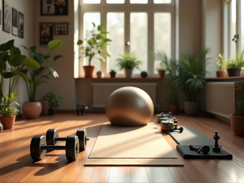 A collection of essential home gym equipment including dumbbells, resistance bands, a yoga mat, and a stability ball arranged neatly on a wooden floor.