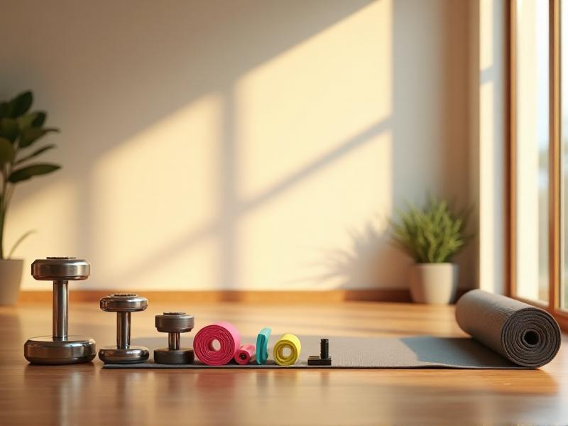 A collection of basic home gym equipment including dumbbells, resistance bands, and a yoga mat arranged neatly on a wooden floor.