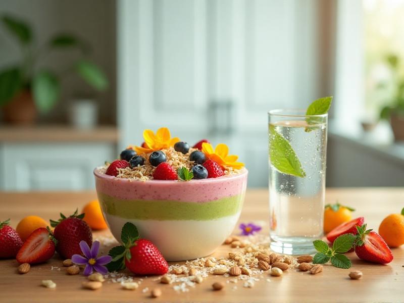 A vibrant table setting with a colorful smoothie bowl, fresh fruits, nuts, and a glass of water, showcasing the importance of post-workout nutrition and hydration in a bright, inviting kitchen.