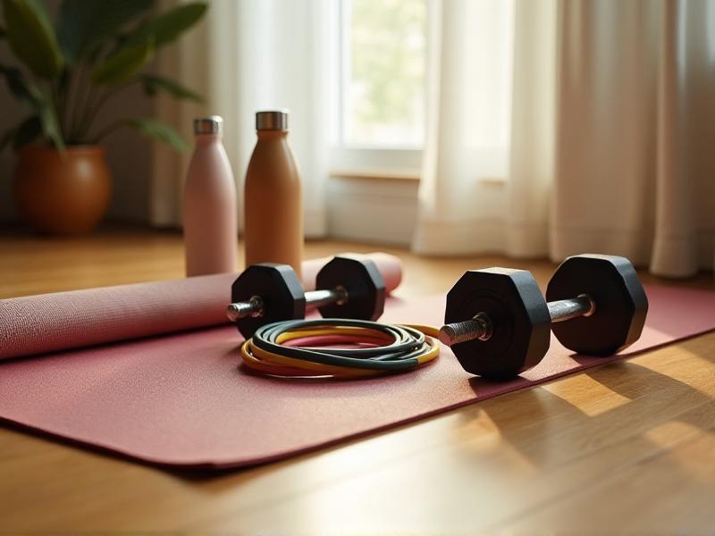 A neatly arranged collection of home gym essentials including dumbbells, resistance bands, a yoga mat, and a water bottle on a wooden floor, with soft natural light creating a calming atmosphere.