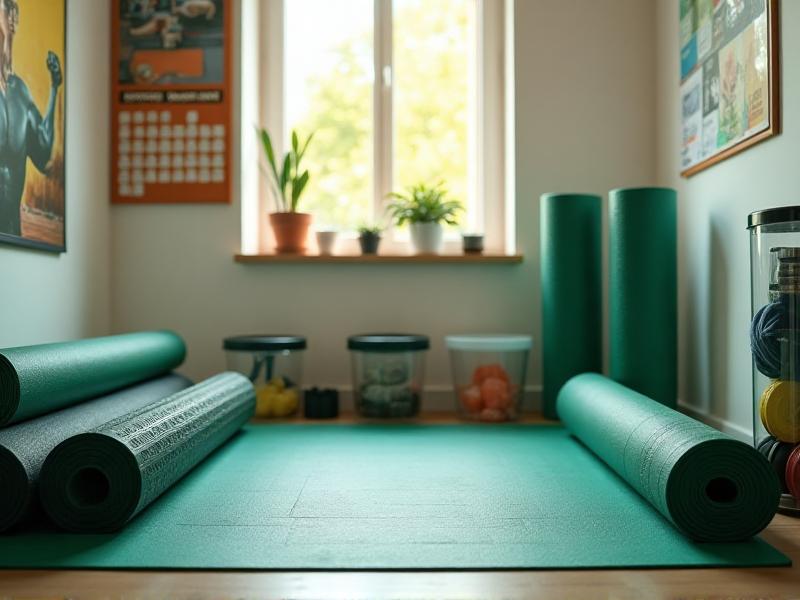 A bright and organized home gym corner with yoga mats, dumbbells, and resistance bands neatly arranged, a family calendar on the wall, and a motivational poster in the background.