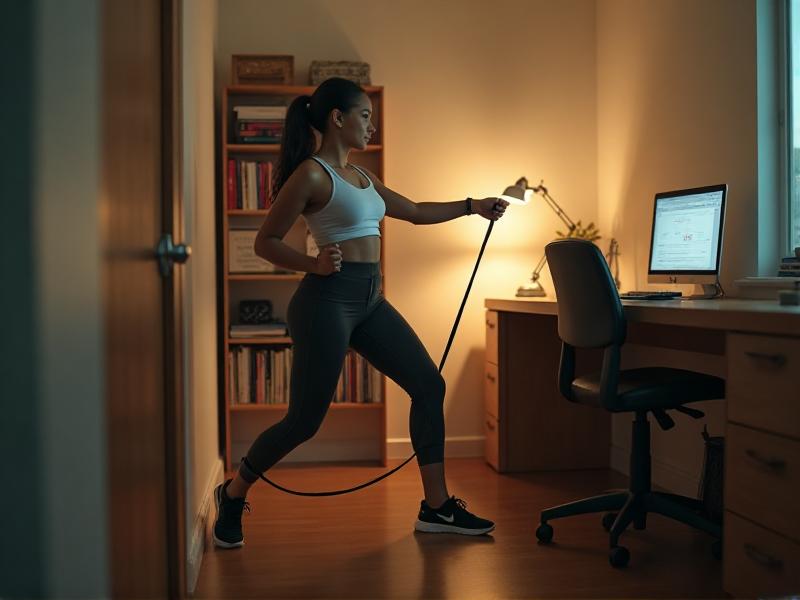 A student using a resistance band for a bicep curl in a compact dorm room with a desk and a bookshelf in the background. The room is tidy, and the lighting is warm, creating a cozy and focused atmosphere.