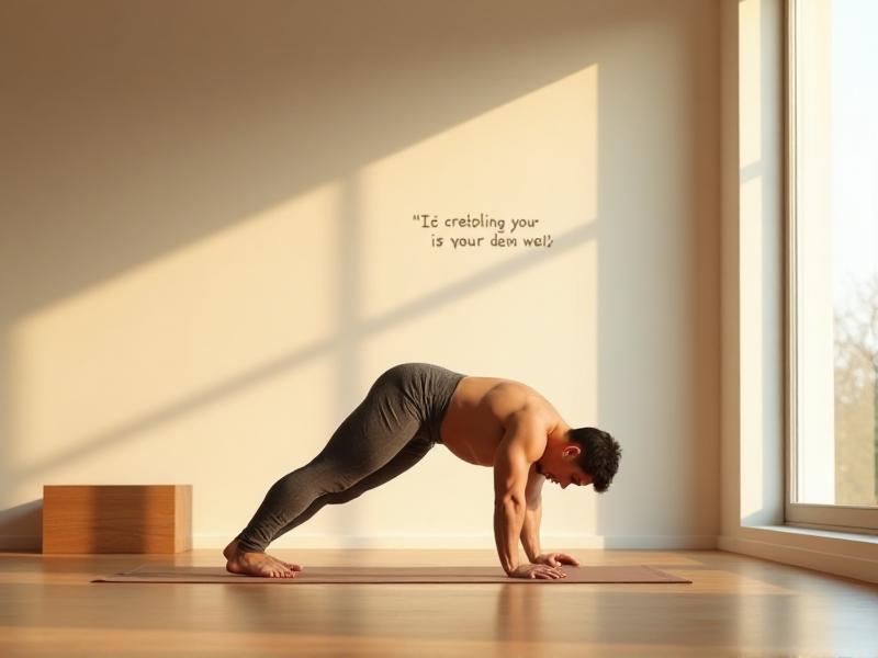 A person performing a plank exercise on a yoga mat in a minimalist home gym with natural light streaming through a window.