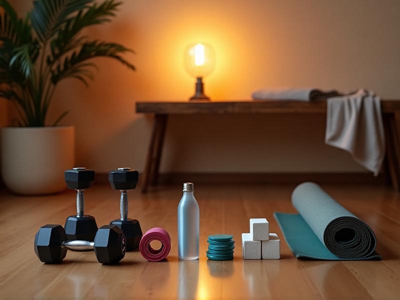 A collection of essential home gym equipment including dumbbells, resistance bands, and a yoga mat neatly arranged on a wooden floor, with a water bottle and towel nearby, ready for a workout session.