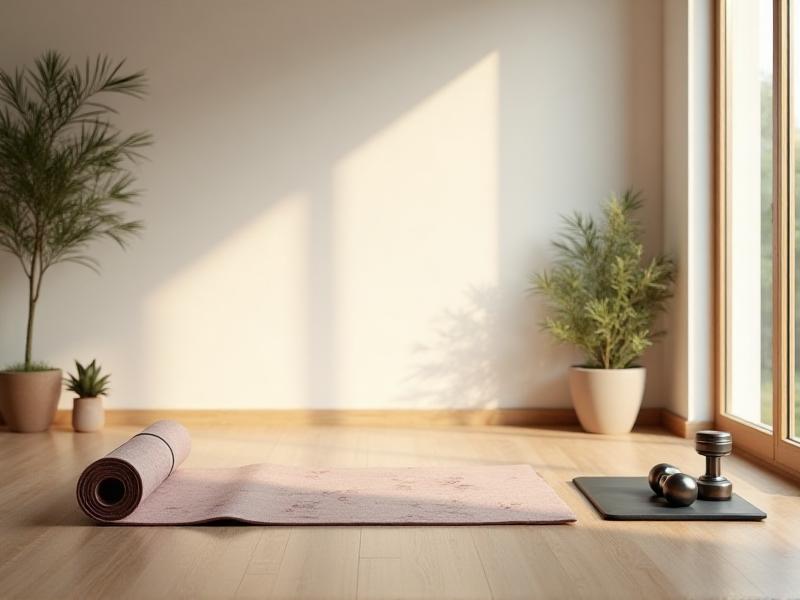 A minimalist home gym setup featuring a yoga mat, resistance bands, and a pair of dumbbells arranged neatly on a wooden floor. The space is well-lit with natural light, and a small speaker sits nearby for playing workout music.