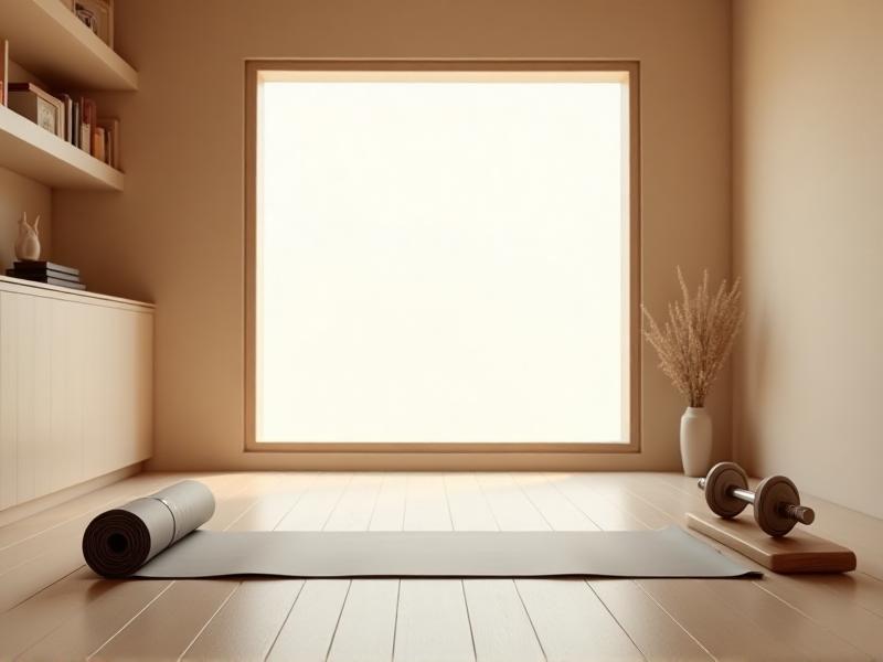 A minimalist home workout corner featuring a yoga mat, resistance bands, and a pair of dumbbells neatly arranged on a wooden floor. A large window lets in natural light, creating a serene and motivating environment for exercise.