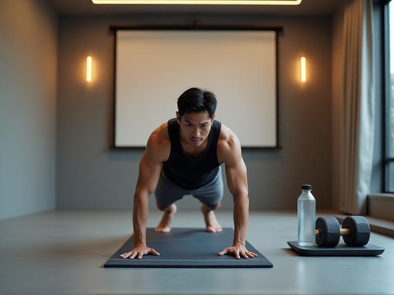 A man in his home gym, performing push-ups on a yoga mat. The room is minimalistic, with a set of dumbbells and a water bottle nearby. The lighting is soft, creating a focused and determined atmosphere.