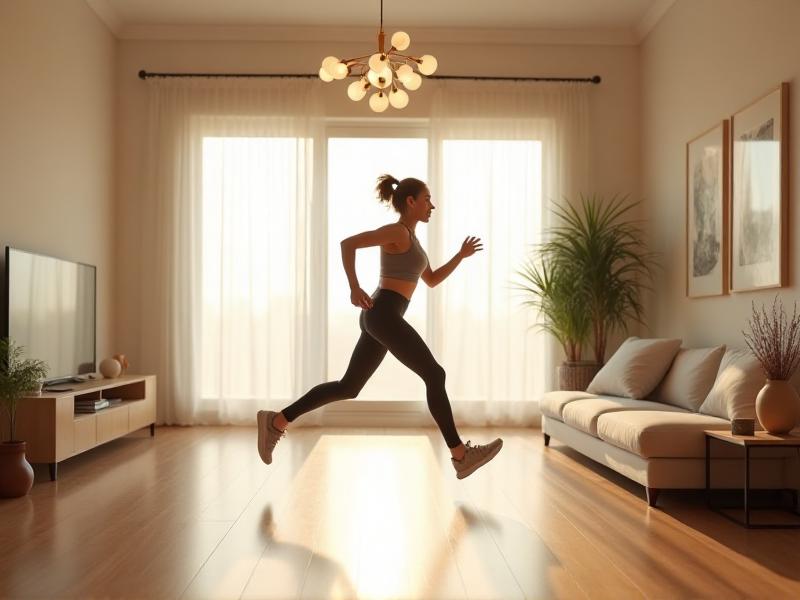 A dynamic image of a person performing high knees in a spacious living room, wearing workout attire, with a focused expression and energetic movement, surrounded by a clean and minimalist home environment.