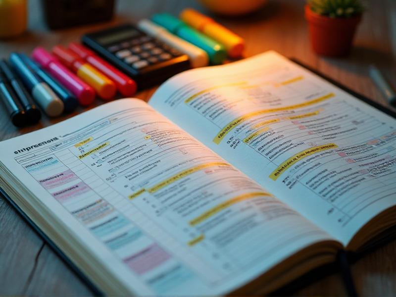 A close-up of a fitness journal with a detailed meal plan, surrounded by colorful markers, a calculator, and a smartphone displaying a fitness app. The image conveys organization and precision in meal planning for fitness enthusiasts.