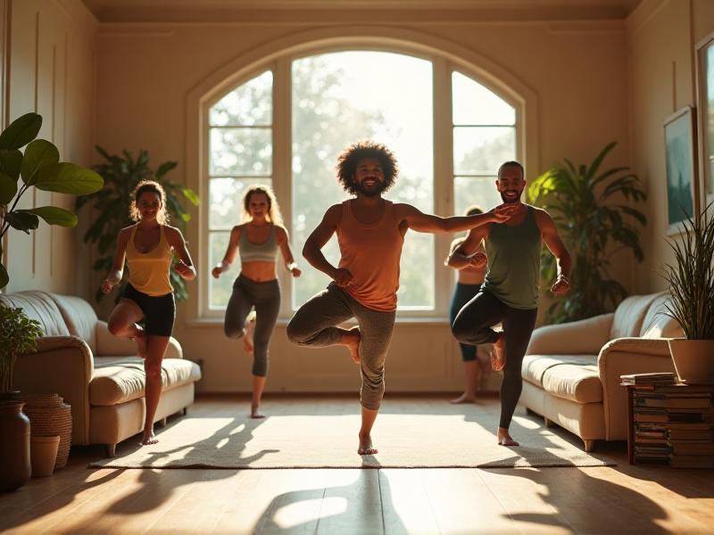 A diverse group of people smiling and exercising at home, using bodyweight exercises and light equipment, in a cozy living room with natural sunlight streaming through the windows, creating a welcoming and inclusive atmosphere.