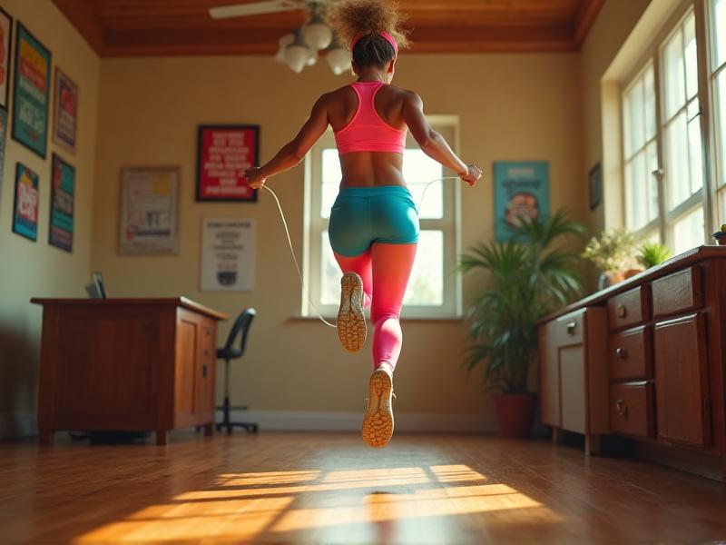 A person jumping rope in a cozy home setting with a wooden floor, wearing athletic attire, and surrounded by motivational posters on the walls.