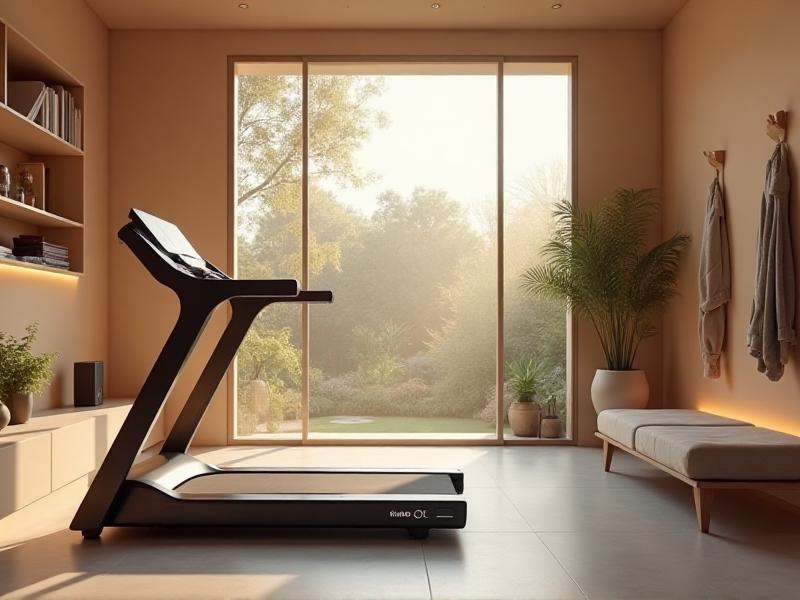 A cozy home gym with a smart treadmill, a smart speaker, and a smart thermostat. The room is illuminated with soft, adjustable lighting, and a large window offers a view of a serene garden. The setup exudes a sense of harmony and convenience.