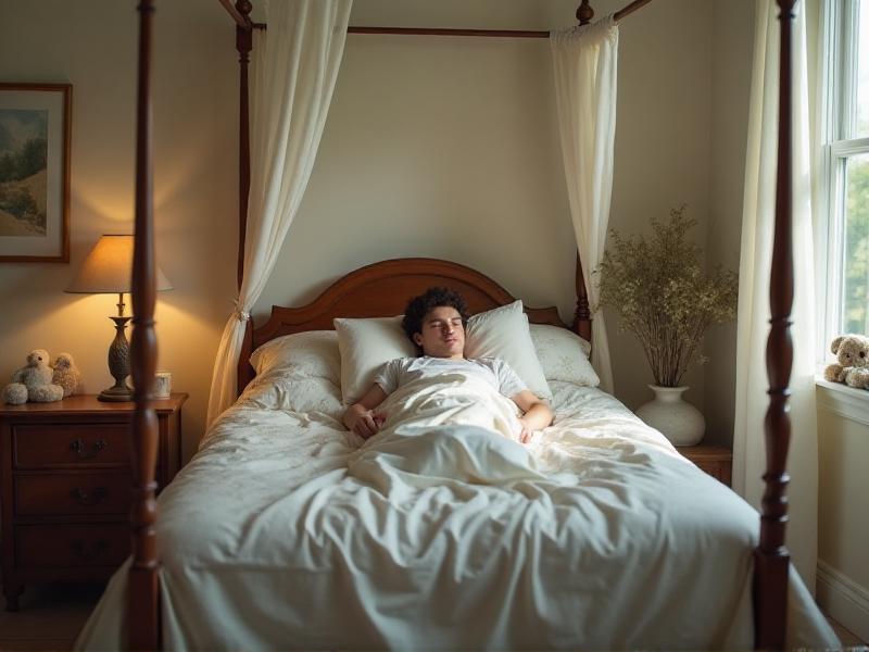 A cozy bedroom with a neatly made bed, soft lighting, and a person peacefully sleeping, illustrating the restorative power of sleep in a tranquil, calming setting.