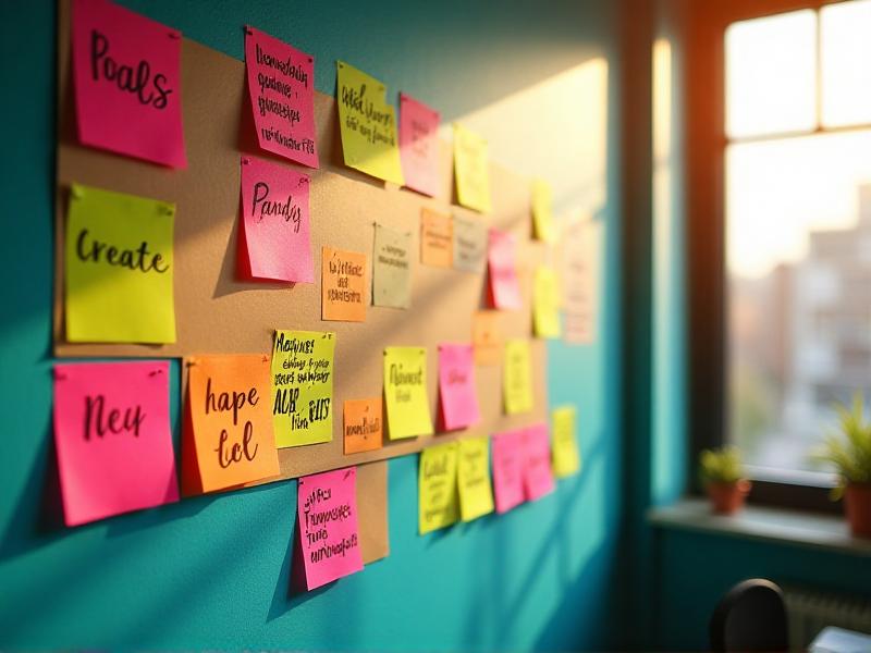 A motivational vision board with handwritten SMART fitness goals, colorful sticky notes, and inspirational quotes. The board is placed on a wall with natural light streaming in, creating a positive and goal-oriented atmosphere.