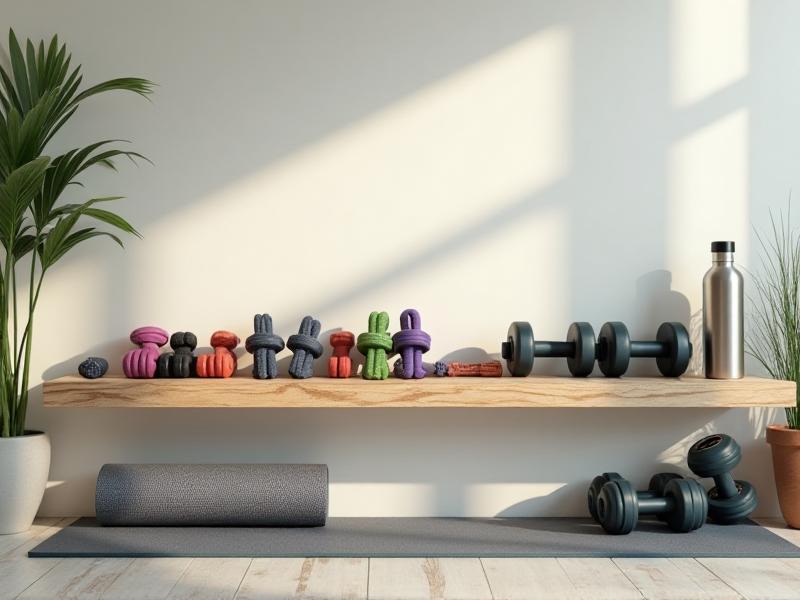 A neatly organized collection of home workout equipment including resistance bands, dumbbells, a yoga mat, and a water bottle, arranged on a wooden shelf. The image conveys simplicity and functionality, perfect for a busy professional’s home gym setup.