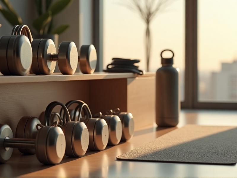 A neatly organized collection of home gym essentials, including dumbbells, resistance bands, a yoga mat, and a water bottle, arranged on a sleek wooden shelf with soft natural lighting.