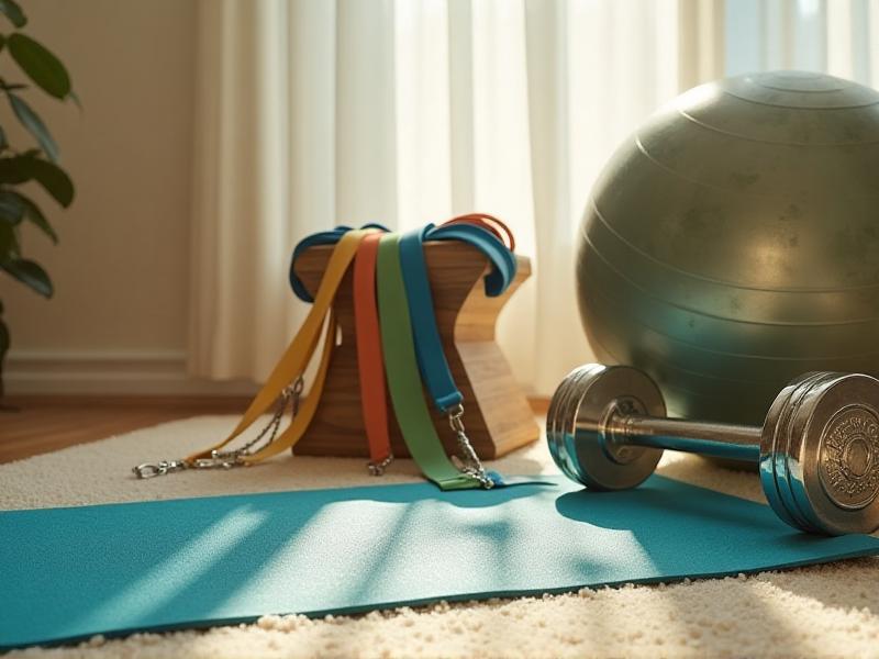 A collection of basic workout equipment including a yoga mat, resistance bands, dumbbells, and a stability ball arranged neatly on a carpeted floor, with soft natural light highlighting the textures and colors.